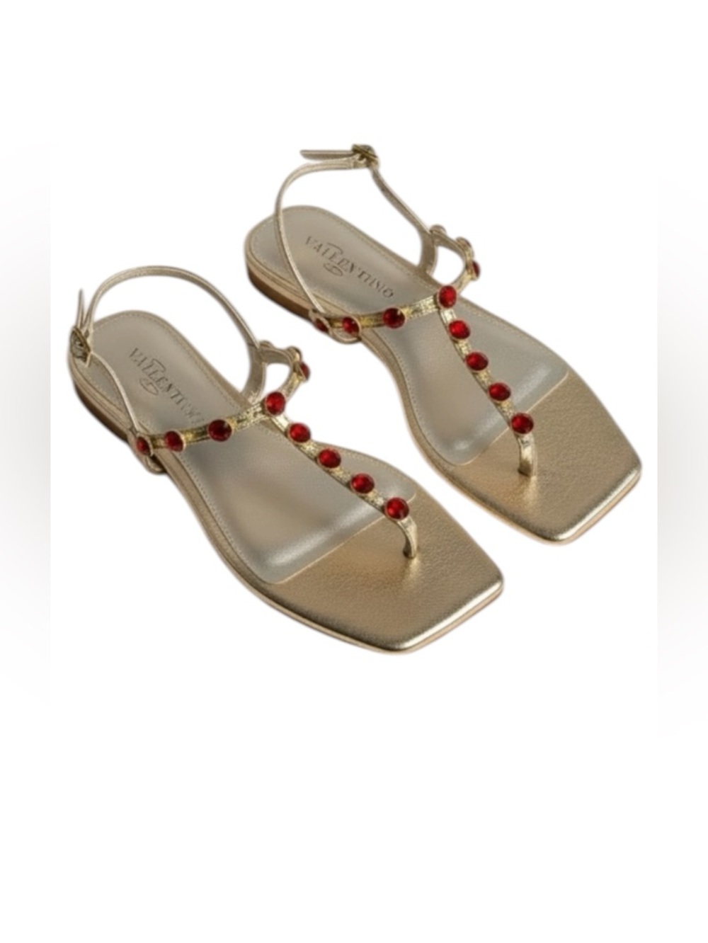 Katy Perry Collection The Camie Metallic Gold Red Gems T-Strap Sandals Gems| NIB